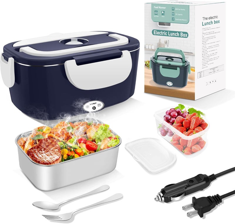 HOLDRUBY Electric Heated Lunch Boxes Adults: 80W Electric Lunch Box Food Heated 12/24/110V 1.5L Heatable Lunch Box for Car/Truck/Office Leak-Proof Stainless Steel Container, Fork & Spoon, Bag (Blue+White) - Image 1